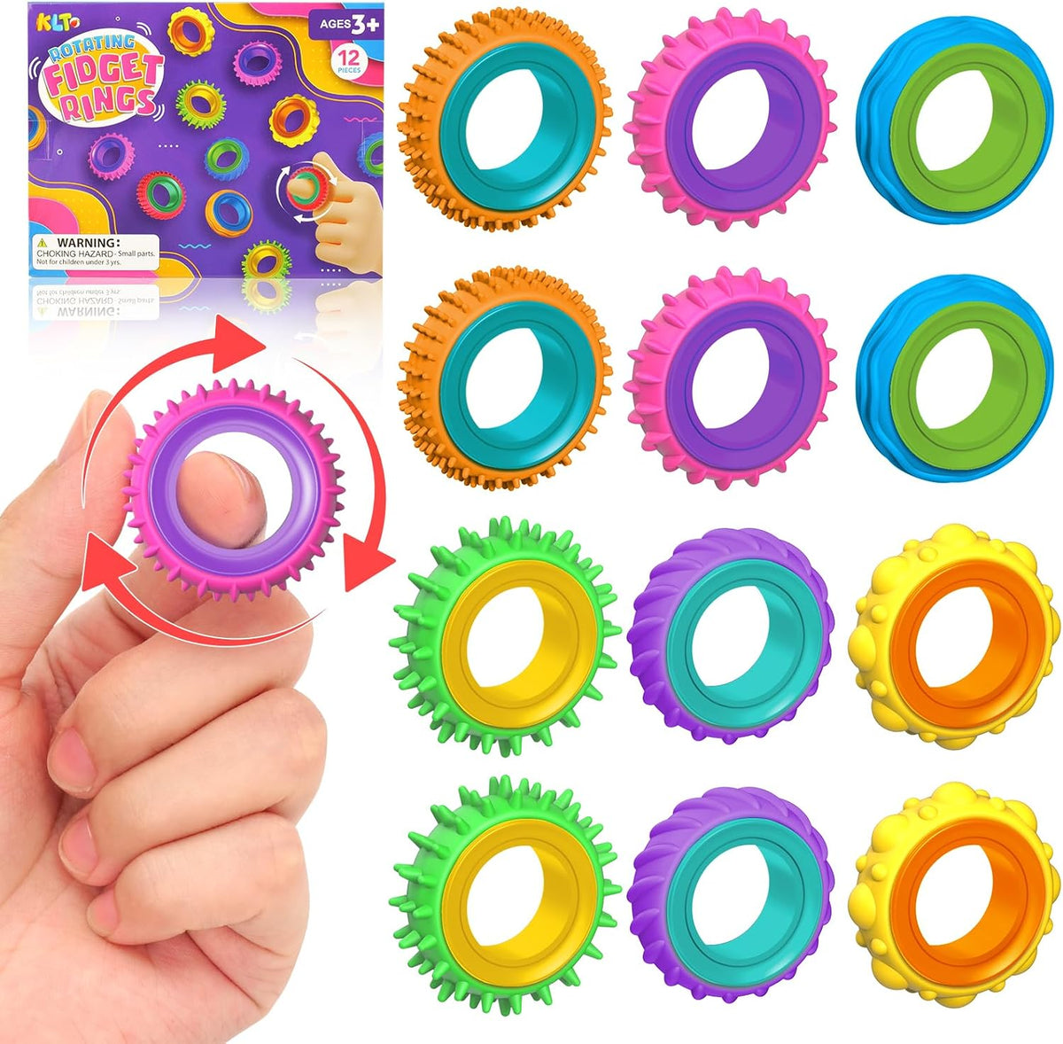 12-Pack Sensory Fidget Rings for Kids – Finger Spinner Stress Relief Toys
